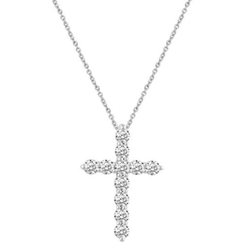 Classic Cross Pendant Necklace with Natural Round Diamonds Set in 925 Sterling Silver with 18 Inch Silver Cable Chain