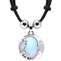 Mia Jewel Shop Crescent Half Moon and Stars Celestial Silver Metal Round Semi Precious Healing Gemstone Crystal Cabochon Pendant Adjustable Necklace