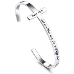 MOWOM Personalized Cross Bracelet Engraving Religious Bible Verses Jewelry Christian Gifts Customized Inspirational Bracelets for Women Girls Stainless Steel Bangle Adjustable Cuff
