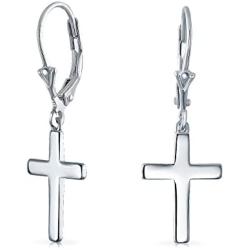 Minimalist Simple Delicate Small Religious Cross Drop Dangle Earrings For Women For Teen Secure Leverback High Polished 925 Sterling Silver