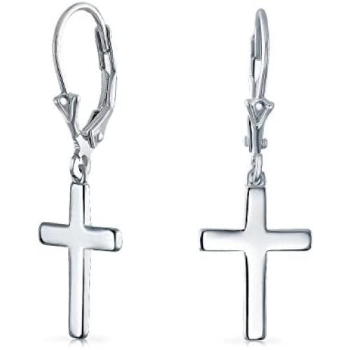 Minimalist Simple Delicate Small Religious Cross Drop Dangle Earrings For Women For Teen Secure Leverback High Polished 925 Sterling Silver
