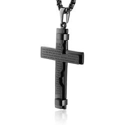 HZMAN Religion Cross Lords Prayer Stainless Steel Pendant Necklace Rolo Cable Wheat Chain