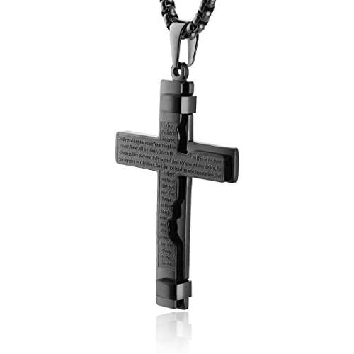 HZMAN Religion Cross Lords Prayer Stainless Steel Pendant Necklace Rolo Cable Wheat Chain