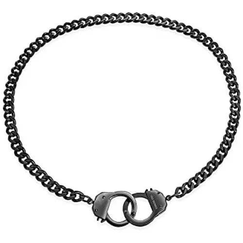 Biker Jewelry Working Lock Partners in Crime Black Handcuff Statement Necklace for Men for Women Black Or Silver Tone Stainless Steel Biker Jewelry Working Lock Partners in Crime Black Handcuff Statement Necklace for Men for Women Black Or Silver Tone Stainless Steel