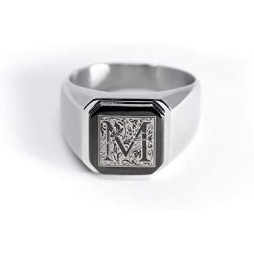 Tioneer Stainless Steel Monogram Initial Signet Biker Rings for Men, Square Flat Top (Black, Gold, Silver), Size 7-16