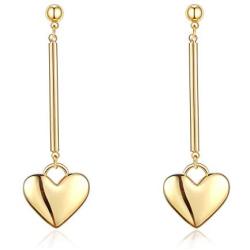 Cowlyn Heart Earrings Love Pendant Long 925 Silver Needle 14K Gold Dangle Drop Stud Cute Jewelry Gift for Women