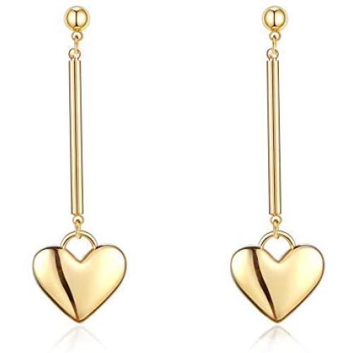 Cowlyn Heart Earrings Love Pendant Long 925 Silver Needle 14K Gold Dangle Drop Stud Cute Jewelry Gift for Women