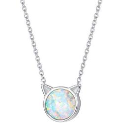 FANCIME Sterling Silver Cat/Unicorn/Elephant Necklace White Created Opal Cute Pendant Necklace Small Dot Round Disc Fine Jewelry For Women Girls 16+2 inch Extender