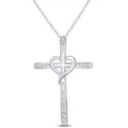 Jewel Zone US White Natural Diamond Cross Heart Pendant in 10K Solid Gold (1/20 cttw)