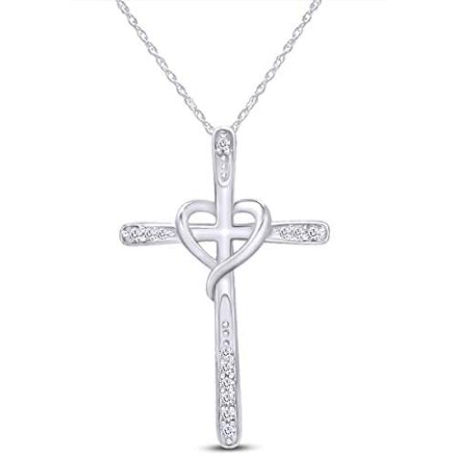 Jewel Zone US White Natural Diamond Cross Heart Pendant in 10K Solid Gold (1/20 cttw)