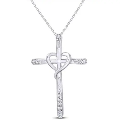 Jewel Zone US White Natural Diamond Cross Heart Pendant in 10K Solid Gold (1/20 cttw) Jewel Zone US White Natural Diamond Cross Heart Pendant in 10K Solid Gold (1/20 cttw)