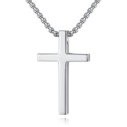 Reve Simple Stainless Steel Silver Tone Cross Pendant Chain Necklace for Men Women, 20-22 Inches