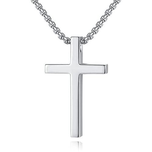 Reve Simple Stainless Steel Silver Tone Cross Pendant Chain Necklace for Men Women, 20-22 Inches