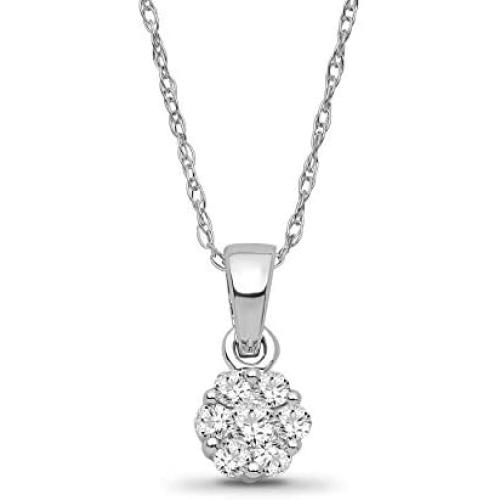 10K White Gold Diamond Cluster Pendant with Sterling Silver Chain Necklace (1/5 cttw, I-J Color, I2-I3 Clarity), 18''