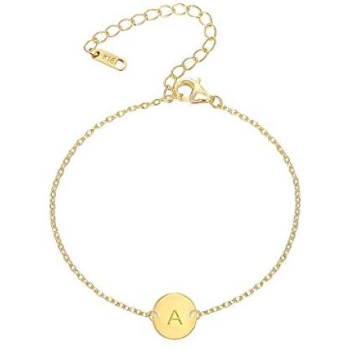 Ovian Initial Charm Bracelet for Women 18K Gold Plated Stainless Steel Coin Disc Engraved Letter Bracelet Personalized Monogram Name Bracelet for Girls