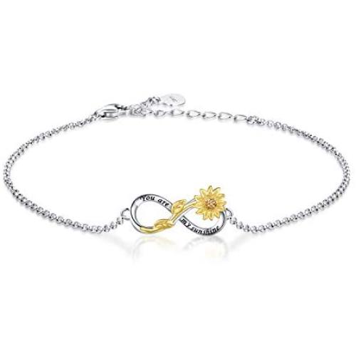 APOTIE You are My Sunshine Sunflower Necklace Bracelet - 925 Sterling Silver Infinity Adjustable Jewelry Daughter Mother Gift for Women Girls