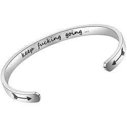 SAM & LORI Inspirational Cuff Bracelet Bangle Keep Going Motivational Mantra Quote Stainless Steel Engraved Best Friend Sister Gift for Women Teen Girls with Hidden Message
