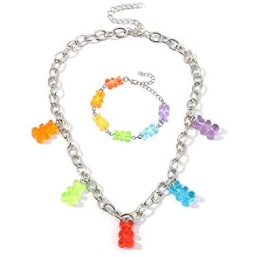 2-4Pcs Cartoon Resin Bear Necklaces Set Candy Color Lovely Teddy Bear Earrings Transparent Acrylic Gummy Rainbow Bear Bracelets for Women Girls Charm Jewelry