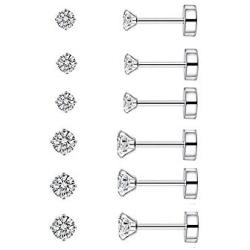 6 Pairs 20G Stainless Steel Tiny Cartilage Ear Piercing Stud Earrings Round Cubic Zirconia Earring Barbell Tragus CZ Diamond Small Studs Earrings Set For Men Gils Women Flat Screw On Back Jewelry Gifts Birthday Bff Daughter Pack 2mm 3mm