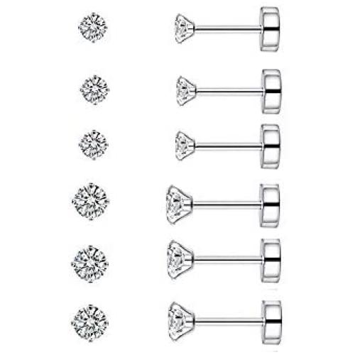 6 Pairs 20G Stainless Steel Tiny Cartilage Ear Piercing Stud Earrings Round Cubic Zirconia Earring Barbell Tragus CZ Diamond Small Studs Earrings Set For Men Gils Women Flat Screw On Back Jewelry Gifts Birthday Bff Daughter Pack 2mm 3mm