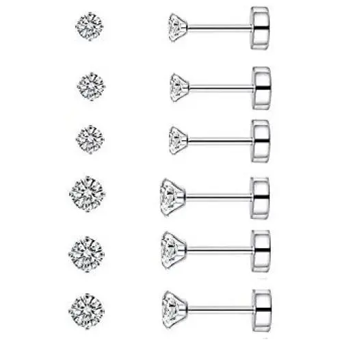 6 Pairs 20G Stainless Steel Tiny Cartilage Ear Piercing Stud Earrings Round Cubic Zirconia Earring Barbell Tragus CZ Diamond Small Studs Earrings Set For Men Gils Women Flat Screw On Back Jewelry Gifts Birthday Bff Daughter Pack 2mm 3mm