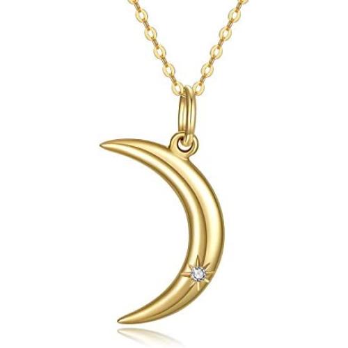 14K Gold Crescent Moon Pendant Necklaces with Natural Round Cut Diamond Valentines Day Anniversary Jewelry Gifts for Women, Wife, Mom, Girls 16''+2''