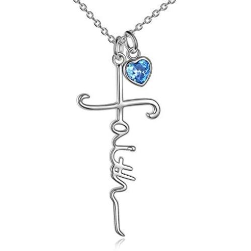 UCADRIT Faith Cross Pendant Necklaces Sterling Silver with Simulated Birthstone Cross Jewelry for Women