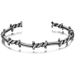 Barsly Men Bangle Open Cuff Twist Thorns Wire Titanium Steel Geometric Bracelet Open Cuff Barbed Jewelry Viking Bangles