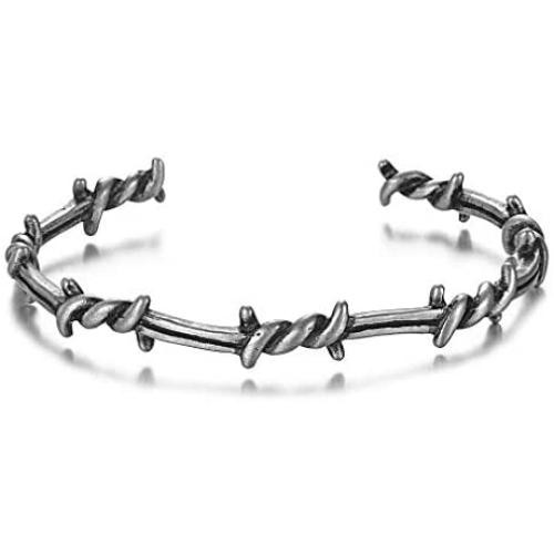 Barsly Men Bangle Open Cuff Twist Thorns Wire Titanium Steel Geometric Bracelet Open Cuff Barbed Jewelry Viking Bangles