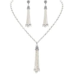 BABEYOND 1920s Bridal Pearl Tassel Necklace Earrings Set 20s Vintage Wedding Jewelry Set Gatsby Imitation Pearl Necklace Pearl Tassel Earrings Set