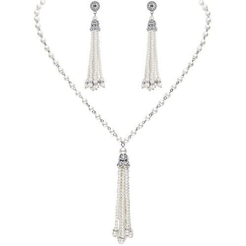 BABEYOND 1920s Bridal Pearl Tassel Necklace Earrings Set 20s Vintage Wedding Jewelry Set Gatsby Imitation Pearl Necklace Pearl Tassel Earrings Set