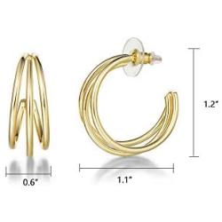 FANCIME Half Open Hoop Stud Earrings Triple Thin/Thick Tube High Polished Hoop Earrings 14K Yellow/White Gold Plated Fashion Statement Jewelry Gift for Women Teens Girls Mom