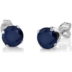 Gem Stone King 925 Sterling Silver Blue Sapphire & White Diamond Pendant Earrings Set, 3.05 Ct Round with 18 Inch Silver Chain