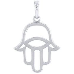Solid 14k White Gold Hamsa Hand of Fatima with Evil Eye Charm Pendant