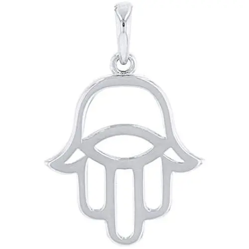Solid 14k White Gold Hamsa Hand of Fatima with Evil Eye Charm Pendant