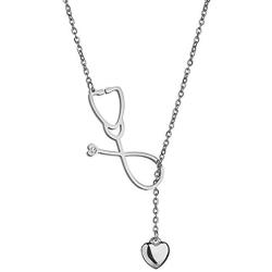 SXNK7 Stainless Steel Stethoscope Lariat Necklace Heartbeat Pendant for Doctor Nurse Jewelry (Silver Tone)