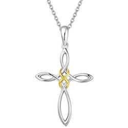 FANCIME 14K Gold Plated Sterling Silver Celtic Knot Cross Crucifix Infinity Pendant Necklace for Women Girls,16+2''
