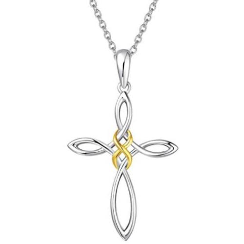 FANCIME 14K Gold Plated Sterling Silver Celtic Knot Cross Crucifix Infinity Pendant Necklace for Women Girls,16+2''