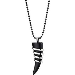 COOLSTEELANDBEYOND Men Women Black Onyx Tusk Horn Pendant Wrapped by Stainless Steel Wire Black Silicone Strap Necklace