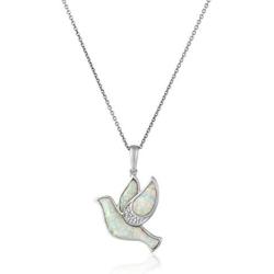 Jewelili Sterling Silver Created Opal with Diamond Dove Pendant Necklace, 18'' Rolo Chain
