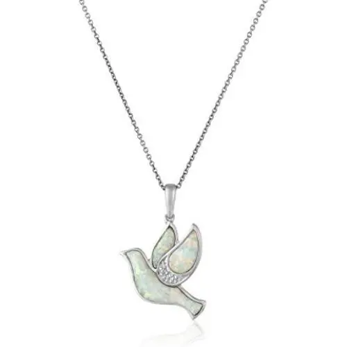 Jewelili Sterling Silver Created Opal with Diamond Dove Pendant Necklace, 18'' Rolo Chain