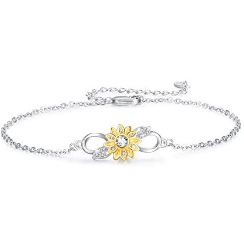 Sunflower Bracelet, Infinity Bracelet 925 Sterling Silver Sunflower Jewelry With Cubic Zirconia Adjustable Bracelet for Women Girls Gift