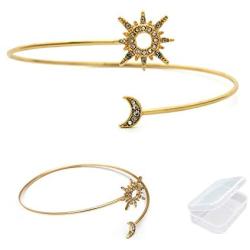 YouU 2 Pcs Boho Simple Metal Women Upper Arm Bangle Bracelet Star Moon Open Cuff Armband Armlet Jewelry Gold with Storage Box