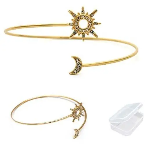 YouU 2 Pcs Boho Simple Metal Women Upper Arm Bangle Bracelet Star Moon Open Cuff Armband Armlet Jewelry Gold with Storage Box