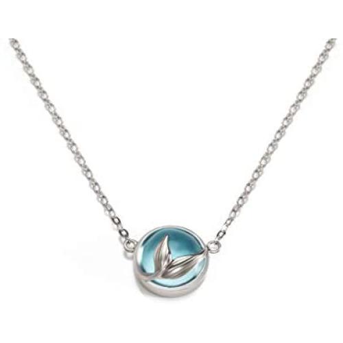 Thaya S925 Sterling Silver Pendant Necklace Mermaid Tail Blue Crystal Gemstone Necklace Chain for Women or Girls Gift (15'' + 2'')