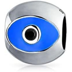 Spiritual Lucky Blue Silver Evil Eye Spacer Bead Charm .925 Sterling Silver Core Fits European Charm Bracelet For Women For Teen