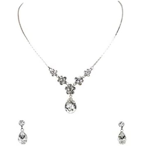 Faship Gorgeous Rhinestone Crystal Floral Necklace Earrings Set