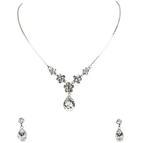 Faship Gorgeous Rhinestone Crystal Floral Necklace Earrings Set
