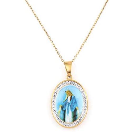Miraculous Medal, Virgin Mary Necklace, Religious Gifts for Women, Golden Stainless Steel Necklace Inlaid Zircon Pendant, Fashion Religious Jewelry, Gifts for Women, YWLI