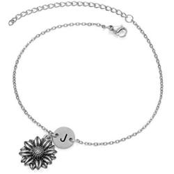 Sunflower Anklet Bracelets for Women Teen Girl You are My Sunshine Beach Summer Antique Silver Jewelry Inspirational Gifts Personalized Letter Initial Charm Engraved Handmade Foot Ankle Anklets